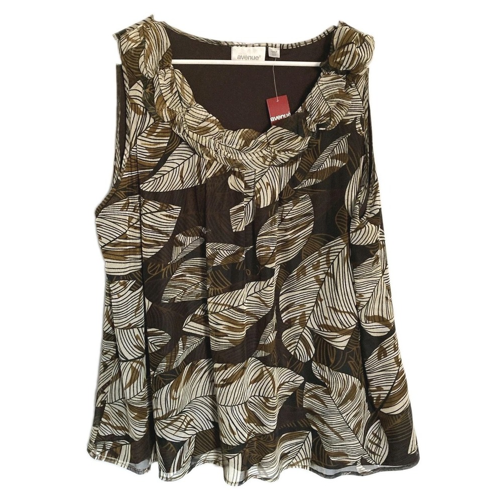 Avenue Blouse Womens 22/24 Brown Tropical Leaf Ruffle Scoop Neck Sleeveless NWT